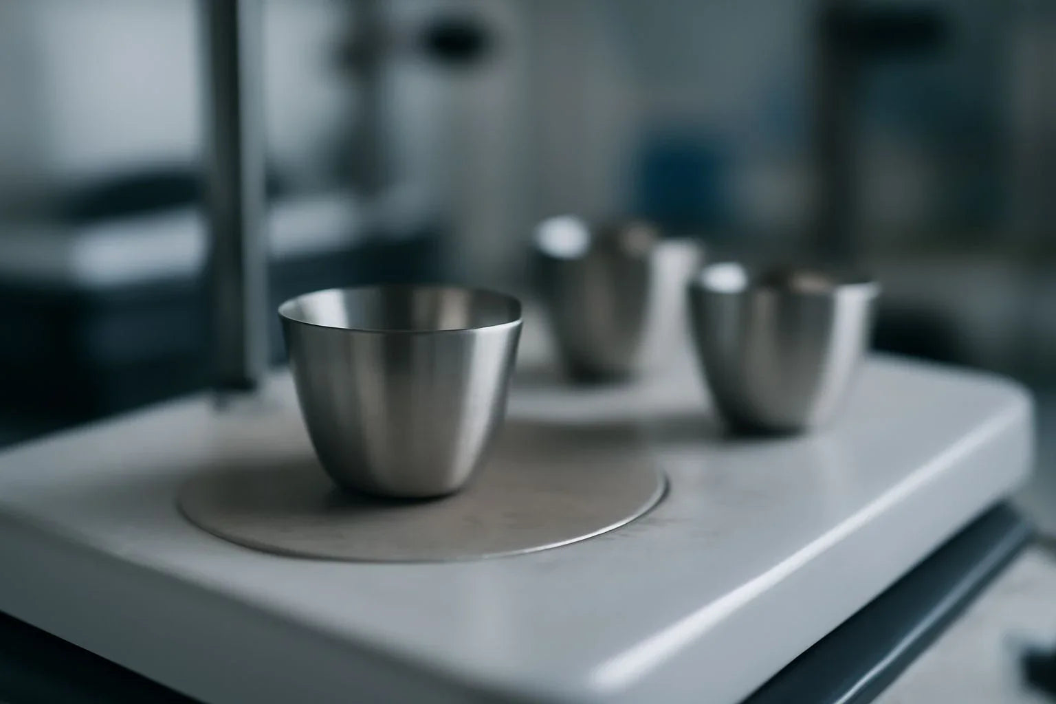 Platinum crucibles used in high-temperature thermal analysis for precision testing in material science and pharmaceutical research.