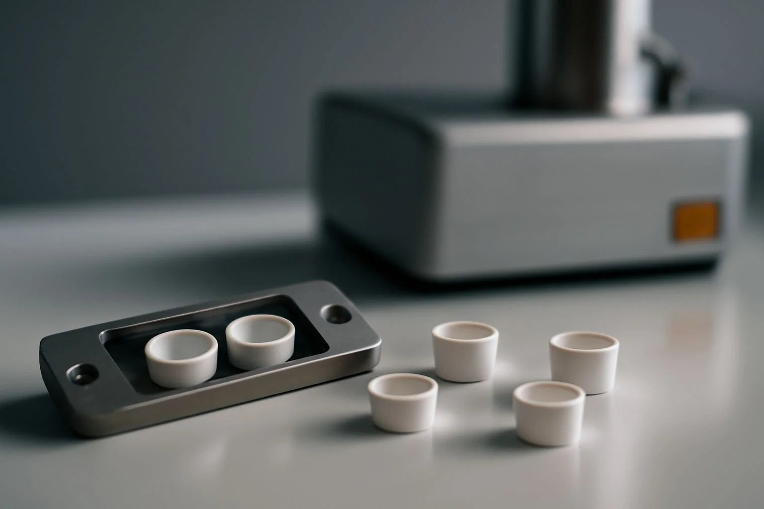 Alumina sample pans for thermal analysis, designed for precision in TGA and DSC experiments under high temperatures.
