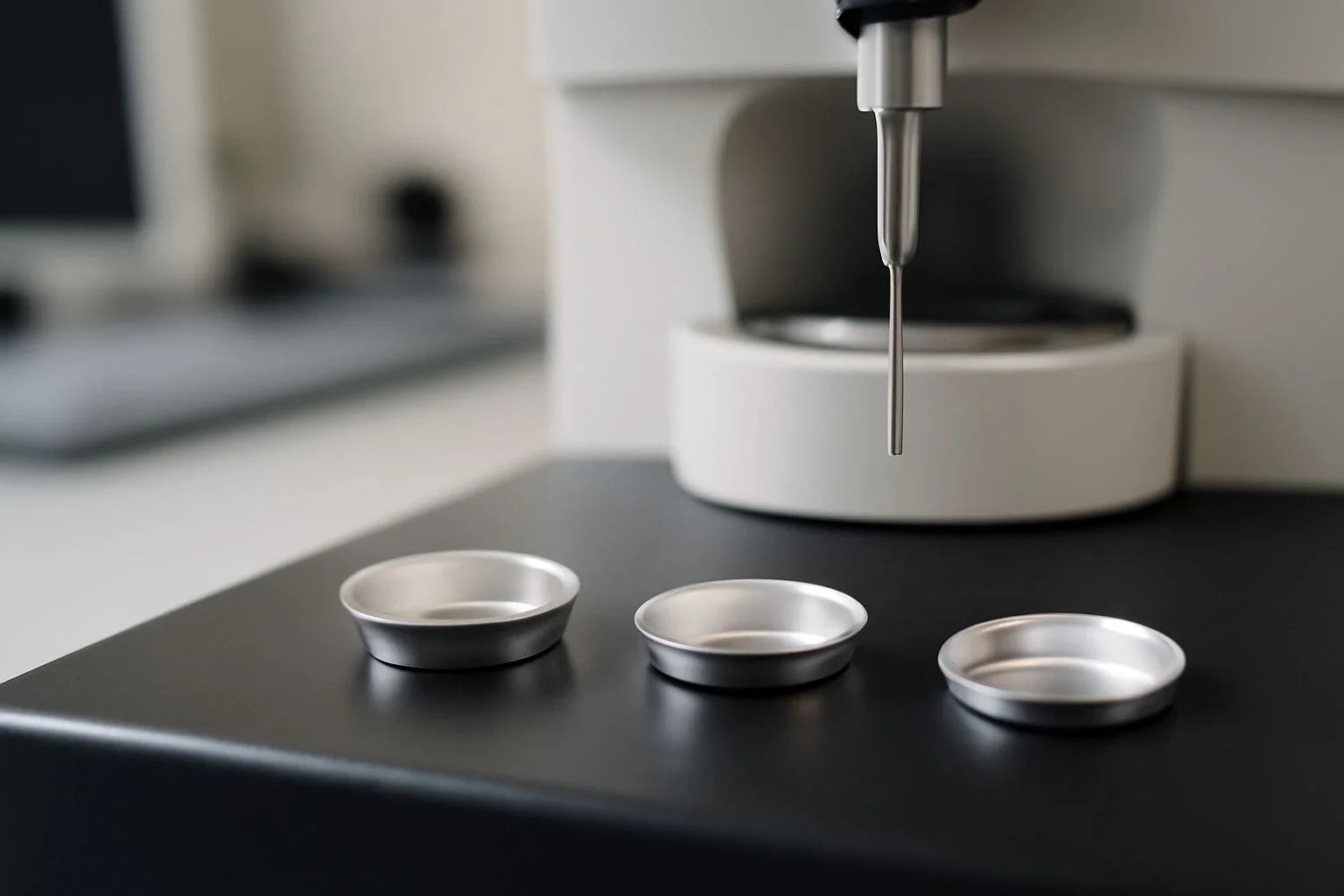 Close-up view of hermetic pans used in DSC thermal analysis for material testing.