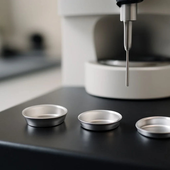 Close-up view of hermetic pans used in DSC thermal analysis for material testing.