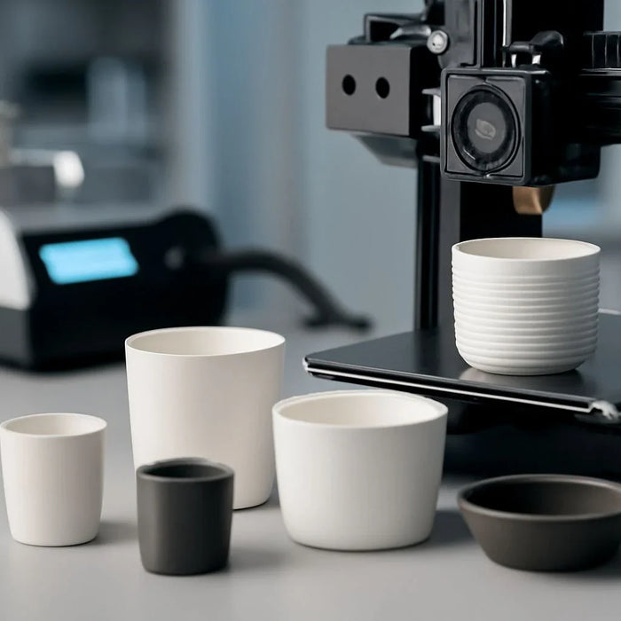 Custom thermal analysis crucibles in a high-tech laboratory environment, showcasing advanced manufacturing processes like 3D printing.
