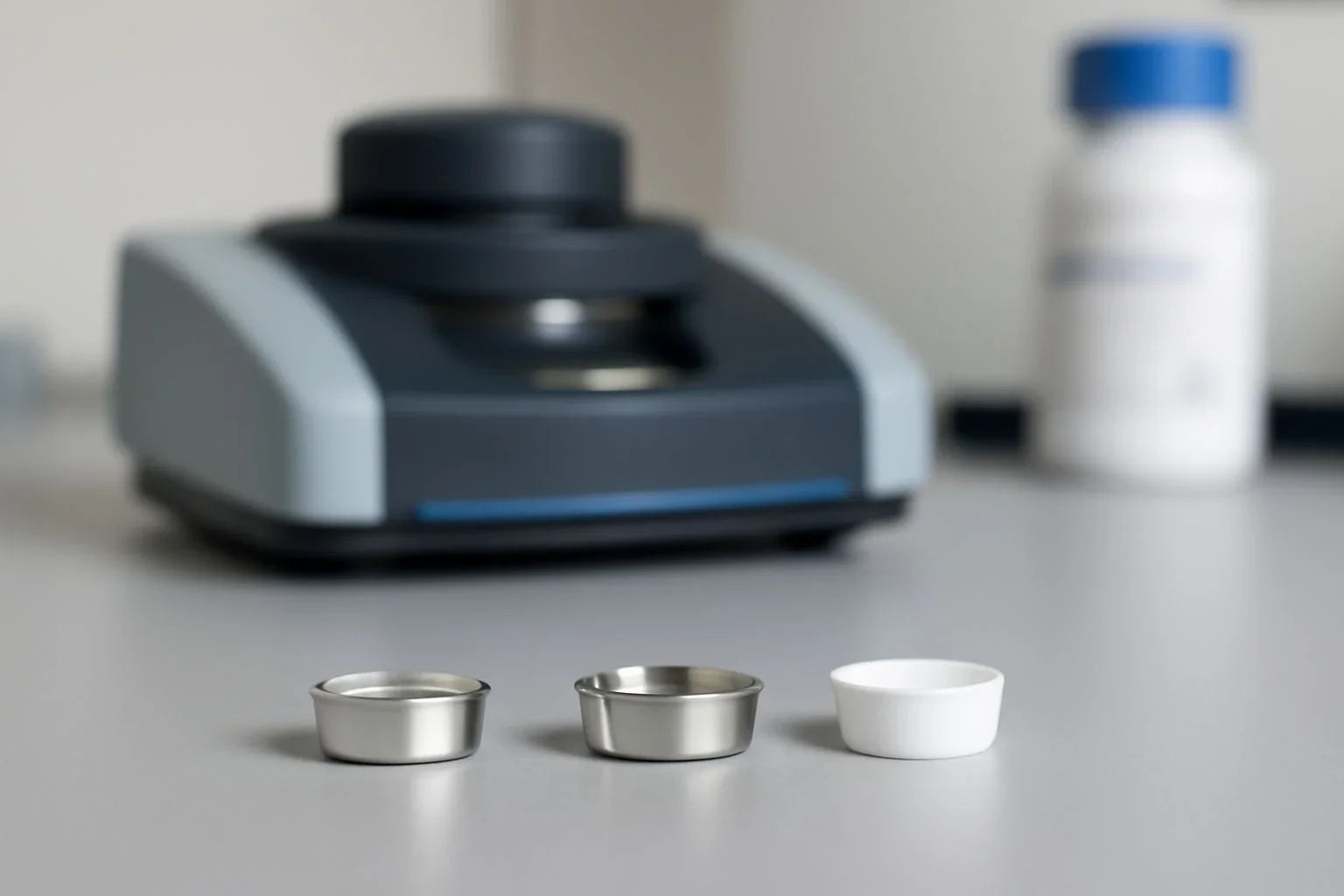 Essential technical features of DSC sample pans including material type, size, and temperature resistance