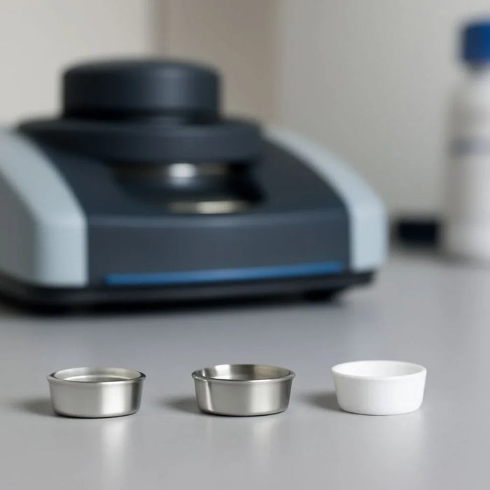 Essential technical features of DSC sample pans including material type, size, and temperature resistance