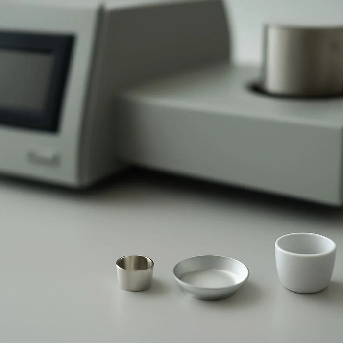 High-precision thermal analysis sample pans for material testing, including aluminum, platinum, and ceramic options