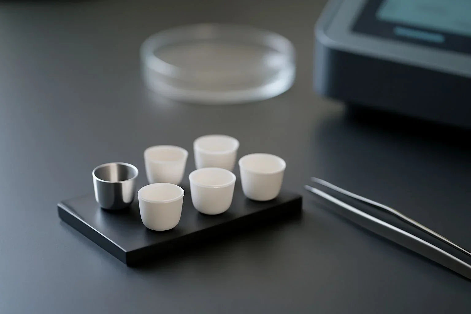 High precision crucibles used in laboratory testing for thermal analysis across various industries.