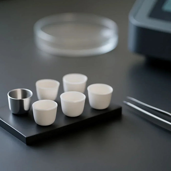 High precision crucibles used in laboratory testing for thermal analysis across various industries.