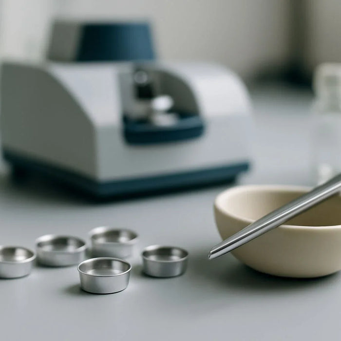 Laboratory professional handling high-quality thermal analysis consumables with precision, emphasizing cost-effective choices without compromising performance