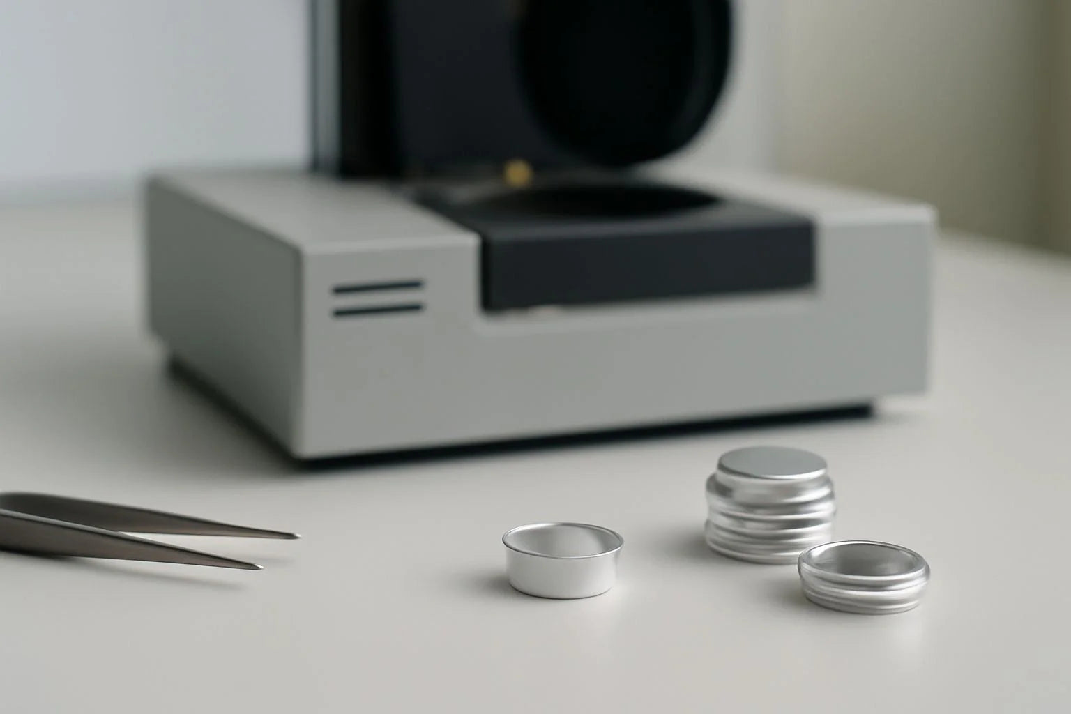 Laboratory scene with a DSC crucible on a clean table, soft lighting and depth of field highlighting the scientific environment.