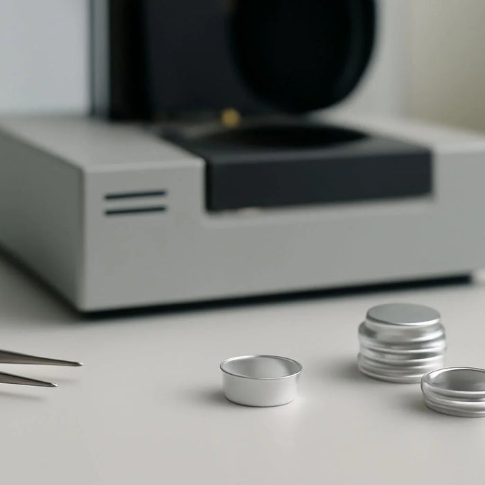 Laboratory scene with a DSC crucible on a clean table, soft lighting and depth of field highlighting the scientific environment.