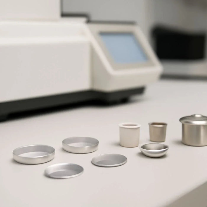 Laboratory setup with thermal analysis consumables including sample pans and crucibles