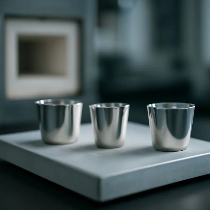 Platinum crucibles used in high-temperature thermal analysis, ensuring sample purity and accurate experimental data.