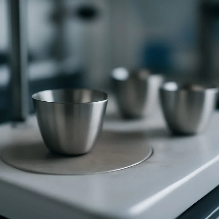 Platinum crucibles used in high-temperature thermal analysis for precision testing in material science and pharmaceutical research.