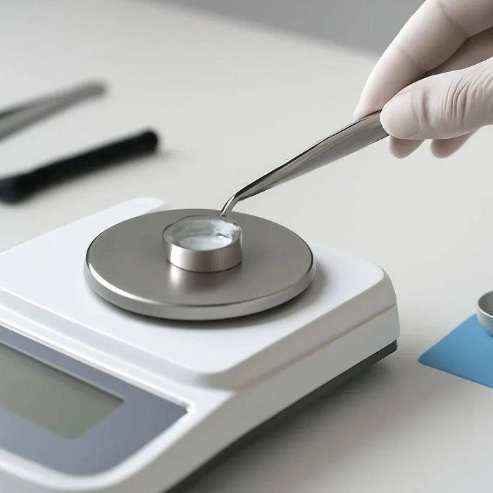 Proper sample loading technique for thermal analysis crucibles.