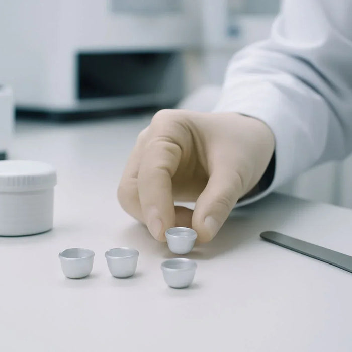 Thermal analysis consumables being carefully handled in a laboratory setting, showcasing the importance of quality and precision