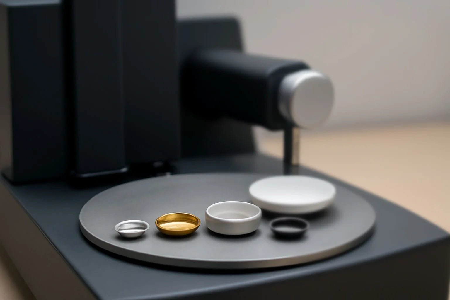 Thermal analysis equipment showcasing sample pans for accurate heat capacity and phase transition testing.