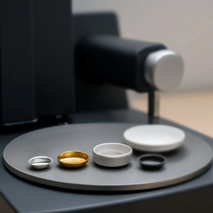 Thermal analysis equipment showcasing sample pans for accurate heat capacity and phase transition testing.