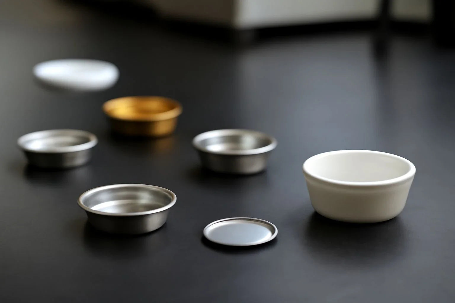 Various DSC sample pans for thermal analysis, showcasing different materials and sizes for laboratory research.